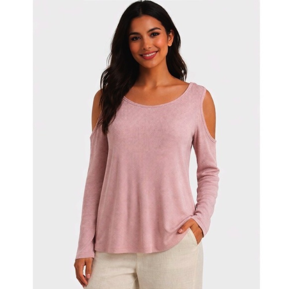 JW Style Dusty Rose Pink Waffle‎ Knit Cold Shoulder Long Sleeve Top L Chic 72-32